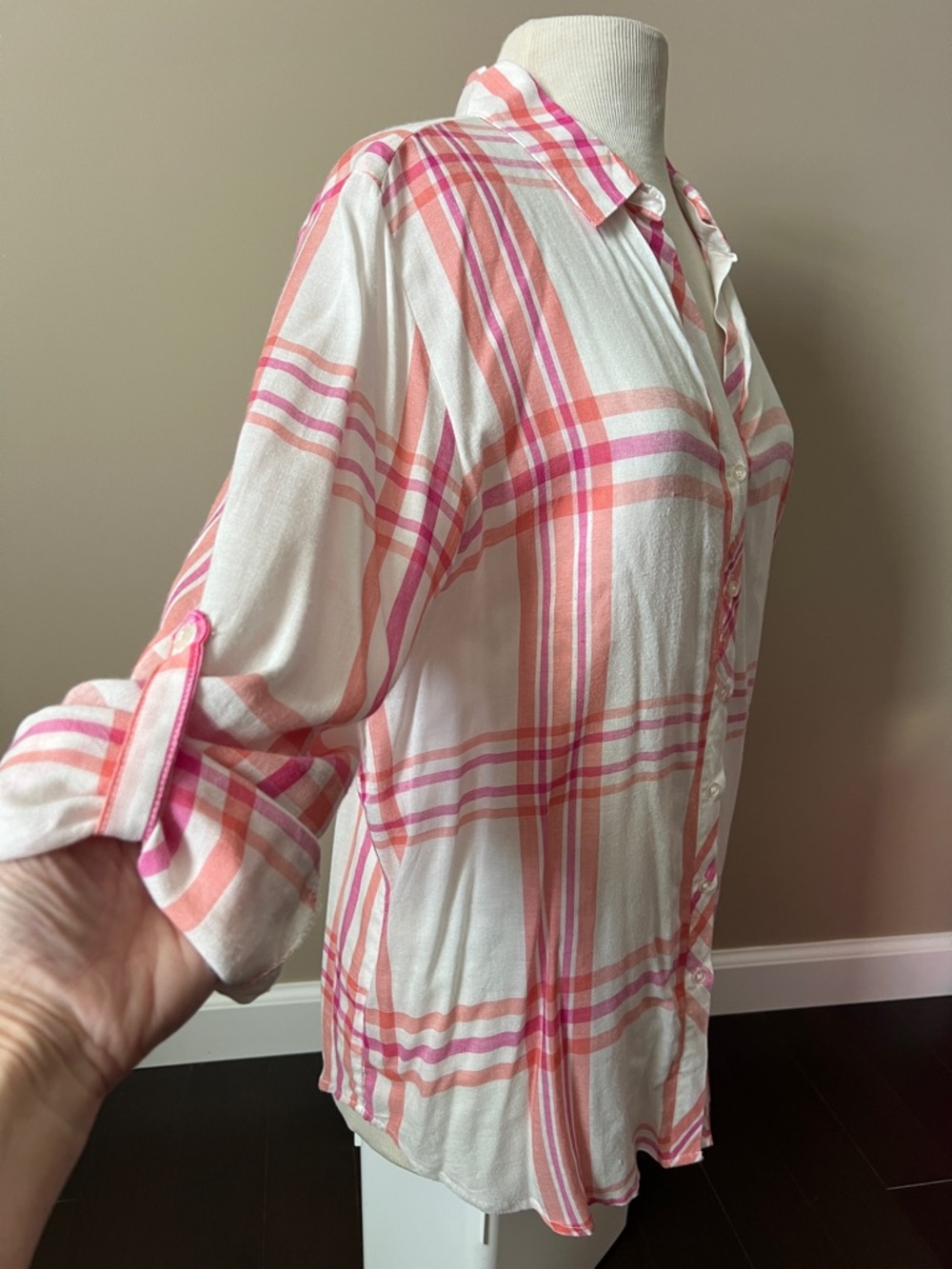 Womens Lightweight Pink & Coral Plaid Button-Up Shirt Sz L - Picture 8 of 9
